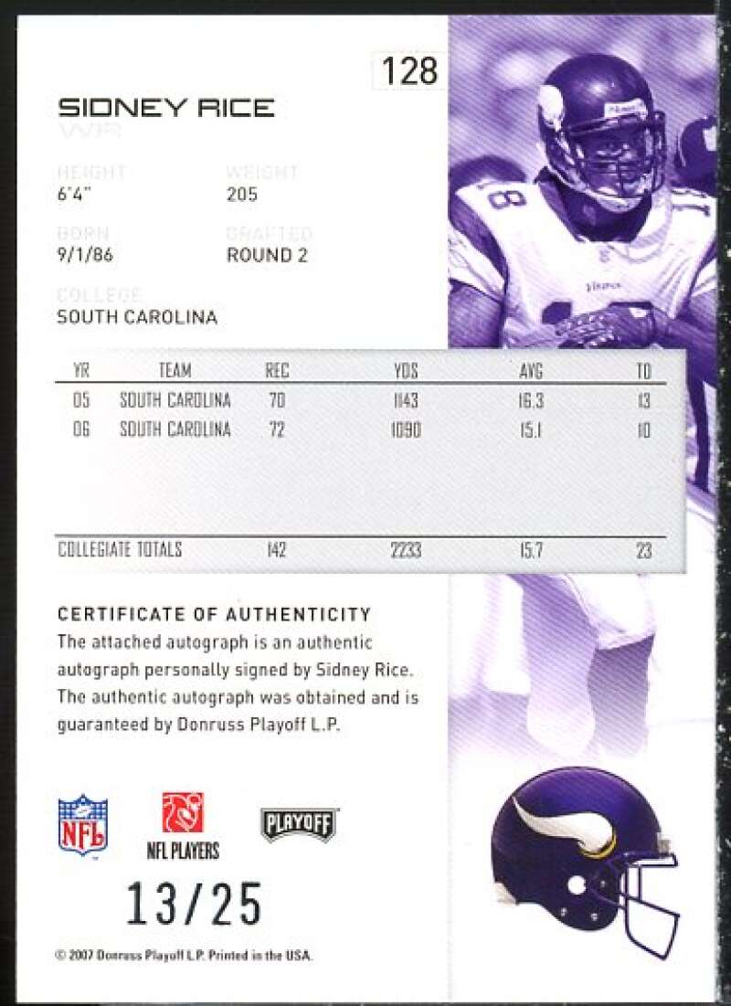 Sidney Rice Card 2007 Playoff NFL Playoffs Signatures Red #128  Image 2