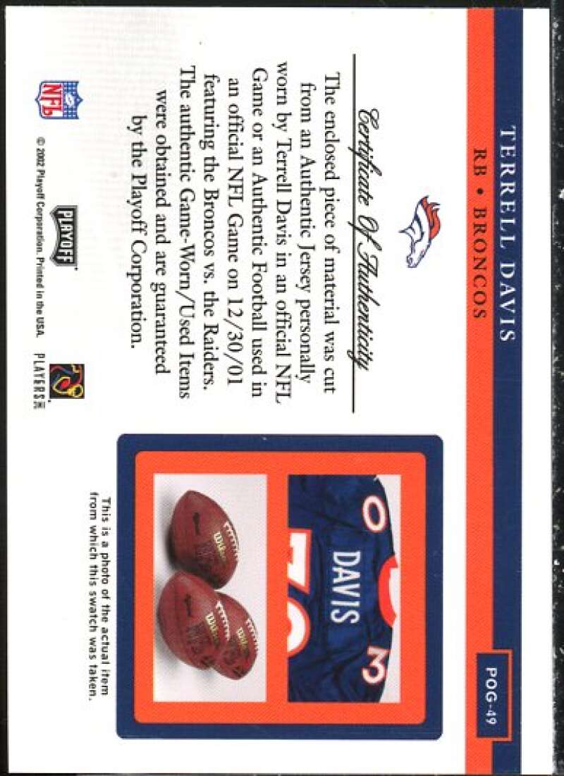 Terrell Davis JSY Card 2002 Playoff Piece of the Game Materials #49J  Image 2