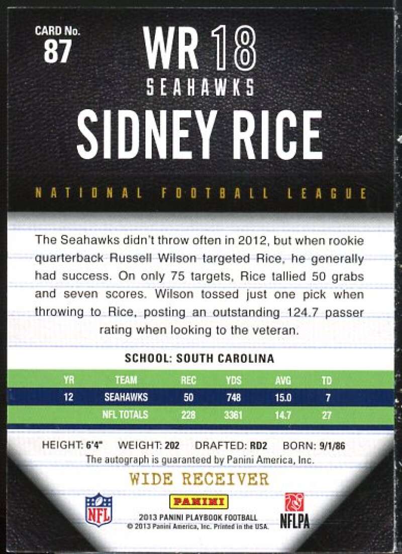 Sidney Rice AU Card 2013 Panini Playbook #87  Image 2