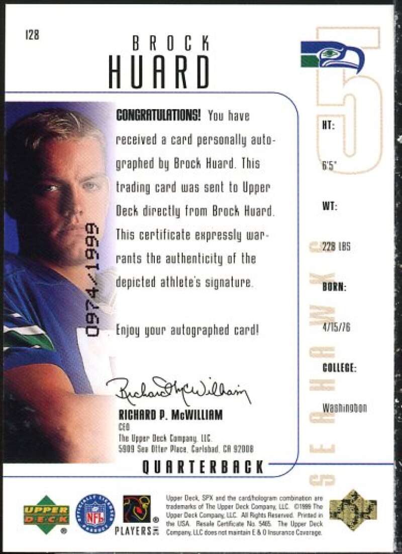 Brock Huard AU Rookie Card 1999 SPx #128  Image 2