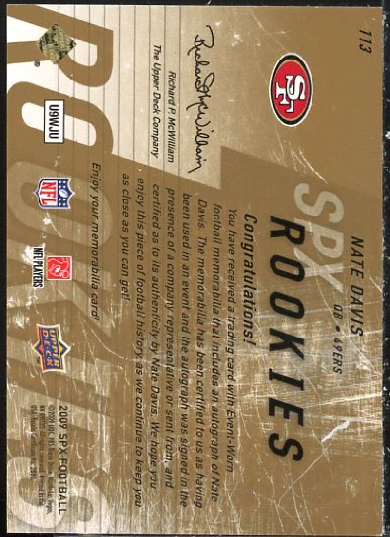 Nate Davis JSY AU Rookie Card 2009 SPx #113  Image 2
