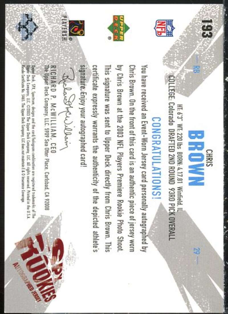 Chris Brown JSY AU Rookie Card 2003 SPx #193  Image 2