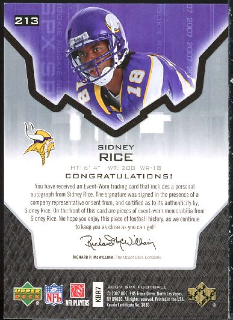 Sidney Rice JSY AU/399 Rookie Card 2007 SPx #213  Image 2
