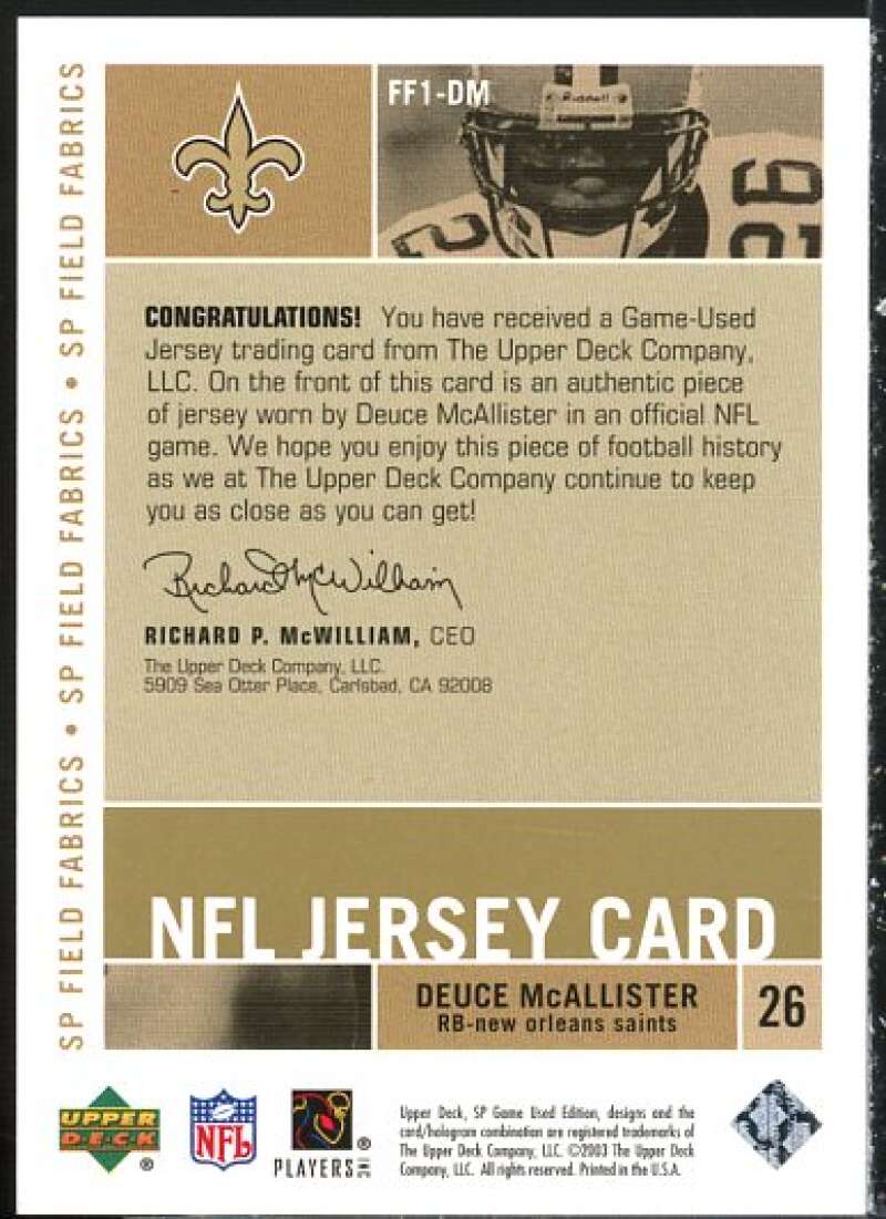 Deuce McAllister Card 2003 SP Game Used Edition Field Fabrics Gold #DM  Image 2