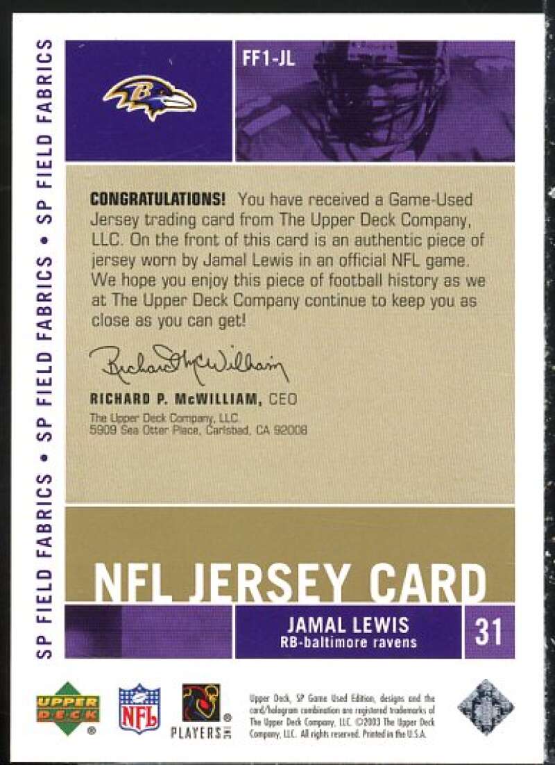 Jamal Lewis Card 2003 SP Game Used Edition Field Fabrics Gold #JL  Image 2