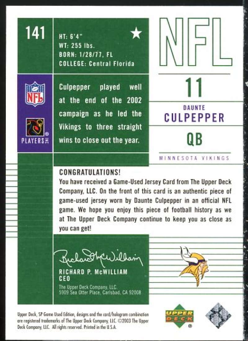 Daunte Culpepper JSY Card 2003 SP Game Used Edition #141  Image 2
