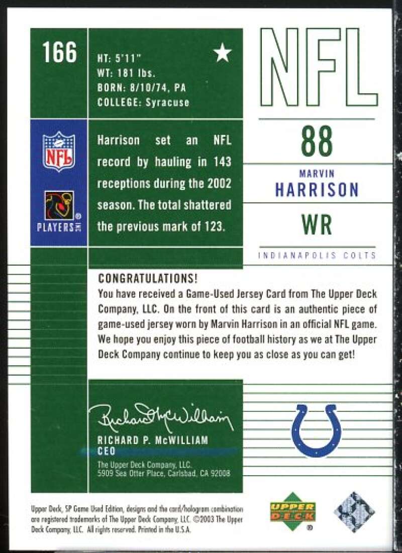 Marvin Harrison JSY Card 2003 SP Game Used Edition #166  Image 2