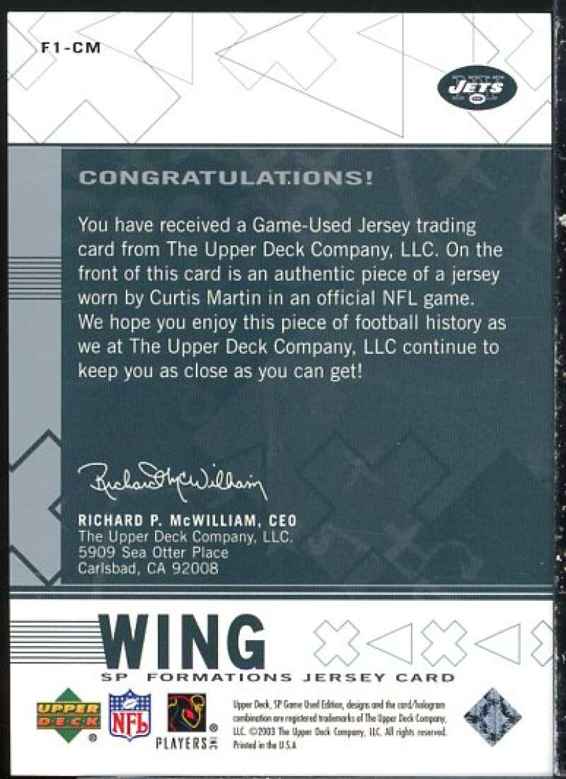 Curtis Martin/750* Card 2003 SP Game Used Edition Formations Wing #CM  Image 2