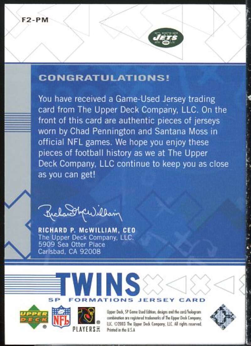 Chad Pennington/Santana Moss 2003 SP Game Used Edition Formations Twins #PM  Image 2
