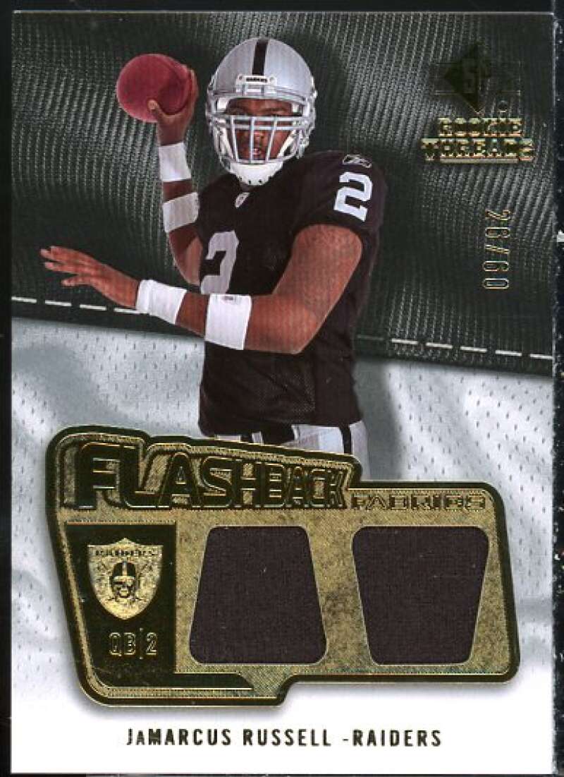 JaMarcus Russell Card 2008 SP Rookie Threads Flashback Fabrics 50-60 #FFJR  Image 1