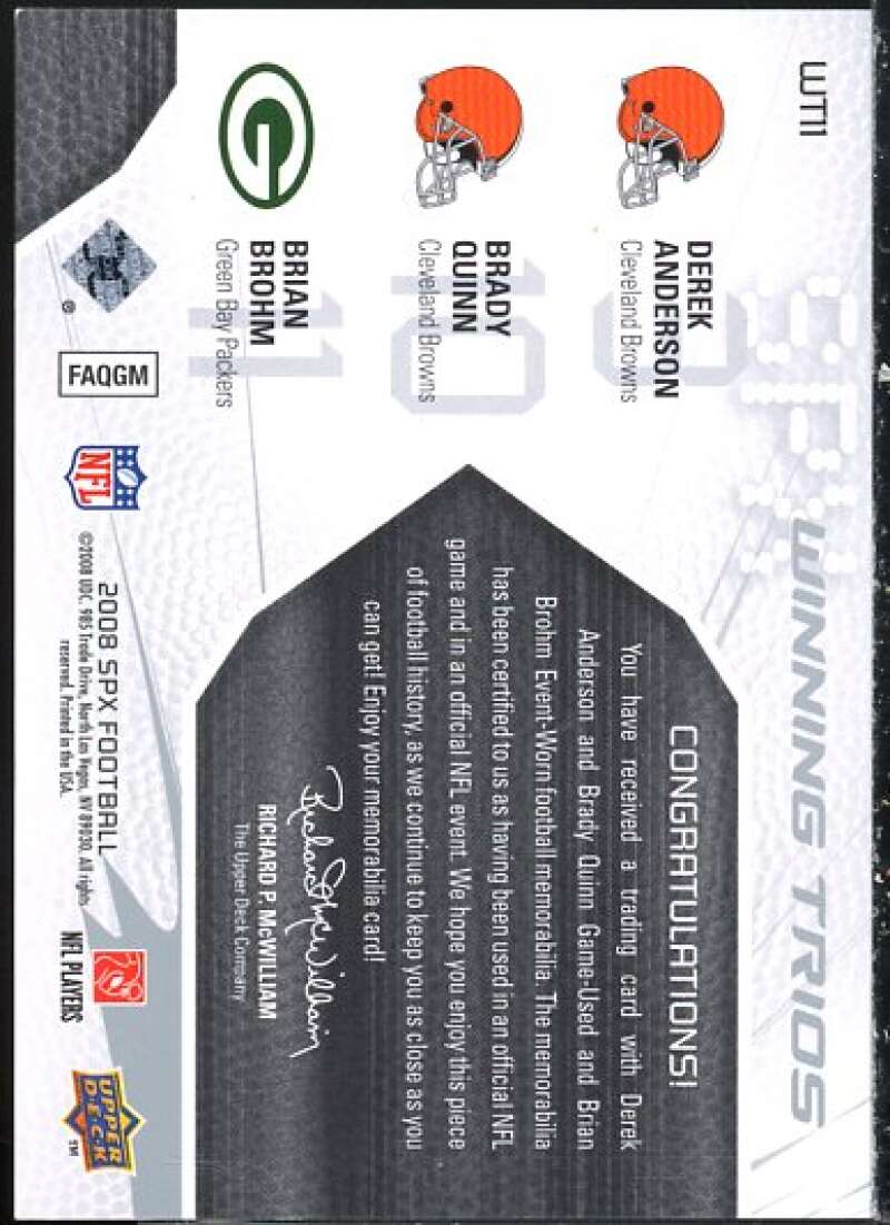 Derek Anderson/Brady Quinn/Brian Brohm Card 2008 SPx Winning Trios 25 #WT11  Image 2