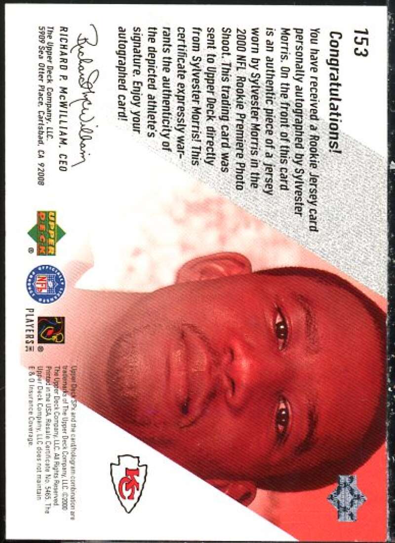 Sylvester Morris JSY AU Rookie Card 2000 SPx #153  Image 2