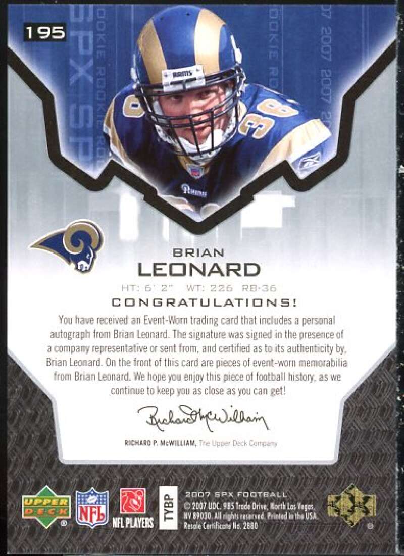 Brian Leonard JSY AU Rookie Card 2007 SPx #195  Image 2