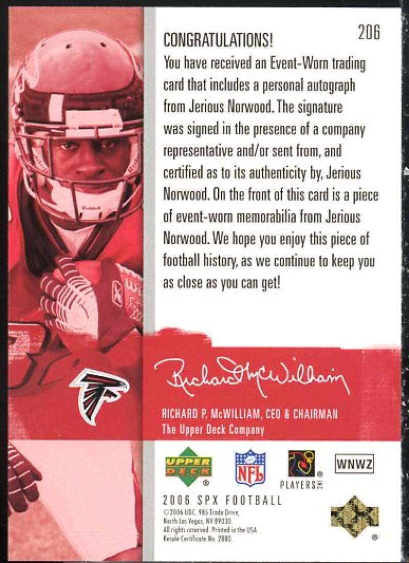 Jerious Norwood JSY AU Rookie Card 2006 SPx #206  Image 2