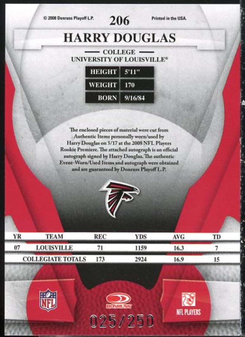 Harry Douglas FF Card 2008 Leaf Certified Materials Mirror Red Signatures #206  Image 2