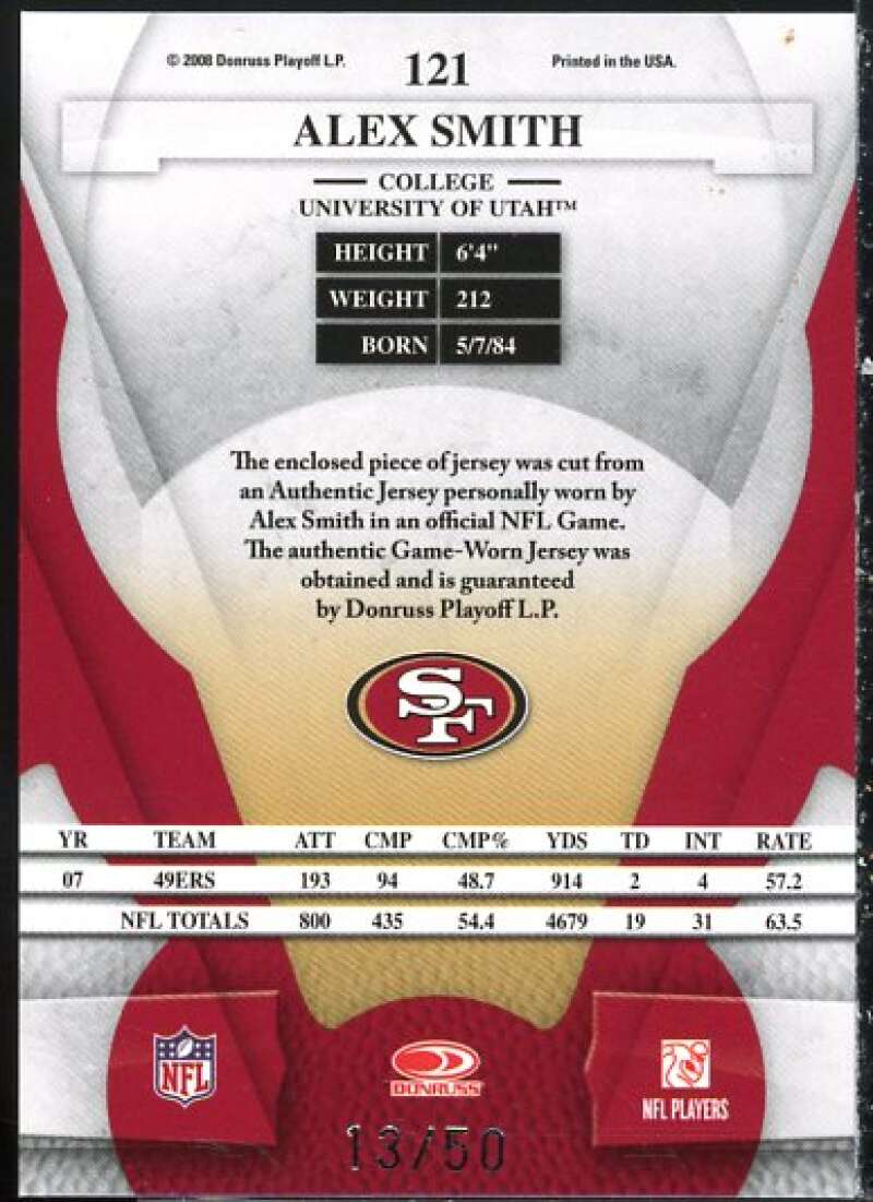 Alex Smith QB Card 2008 Leaf Certified Materials Mirror Blue Materials #121  Image 2