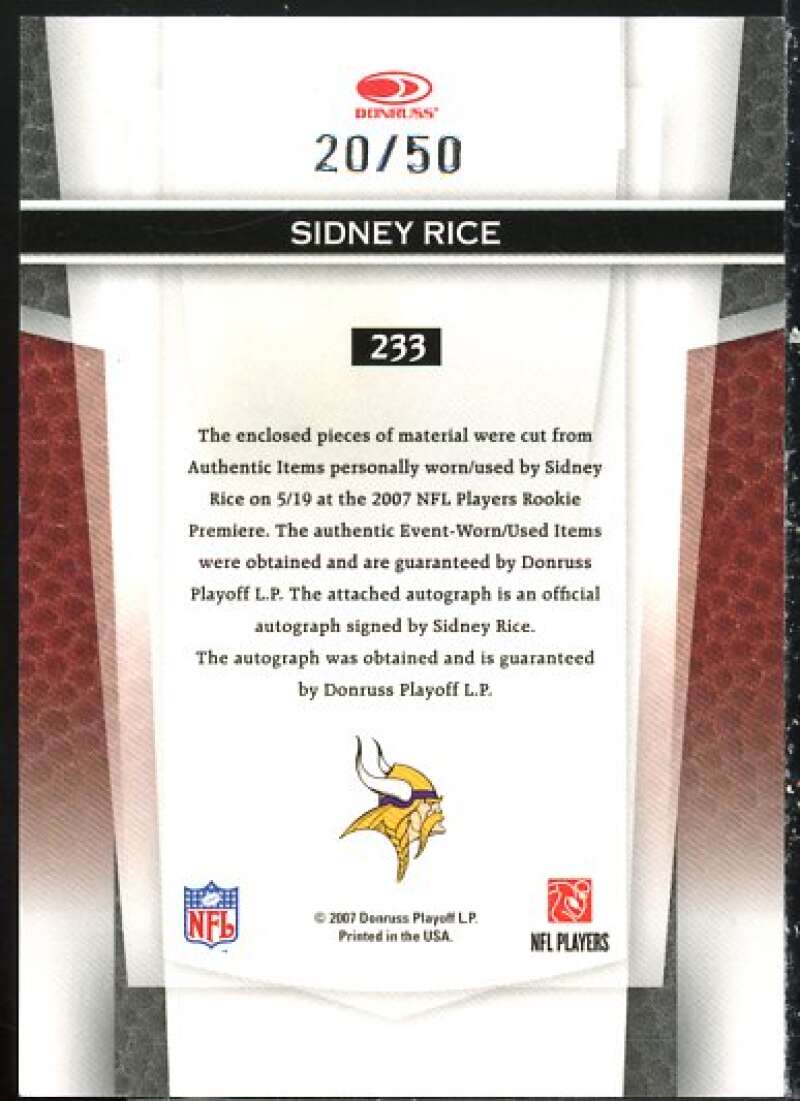 Sidney Rice FF AU Card 2007 Leaf Certified Materials Mirror Blue Materials #233  Image 2