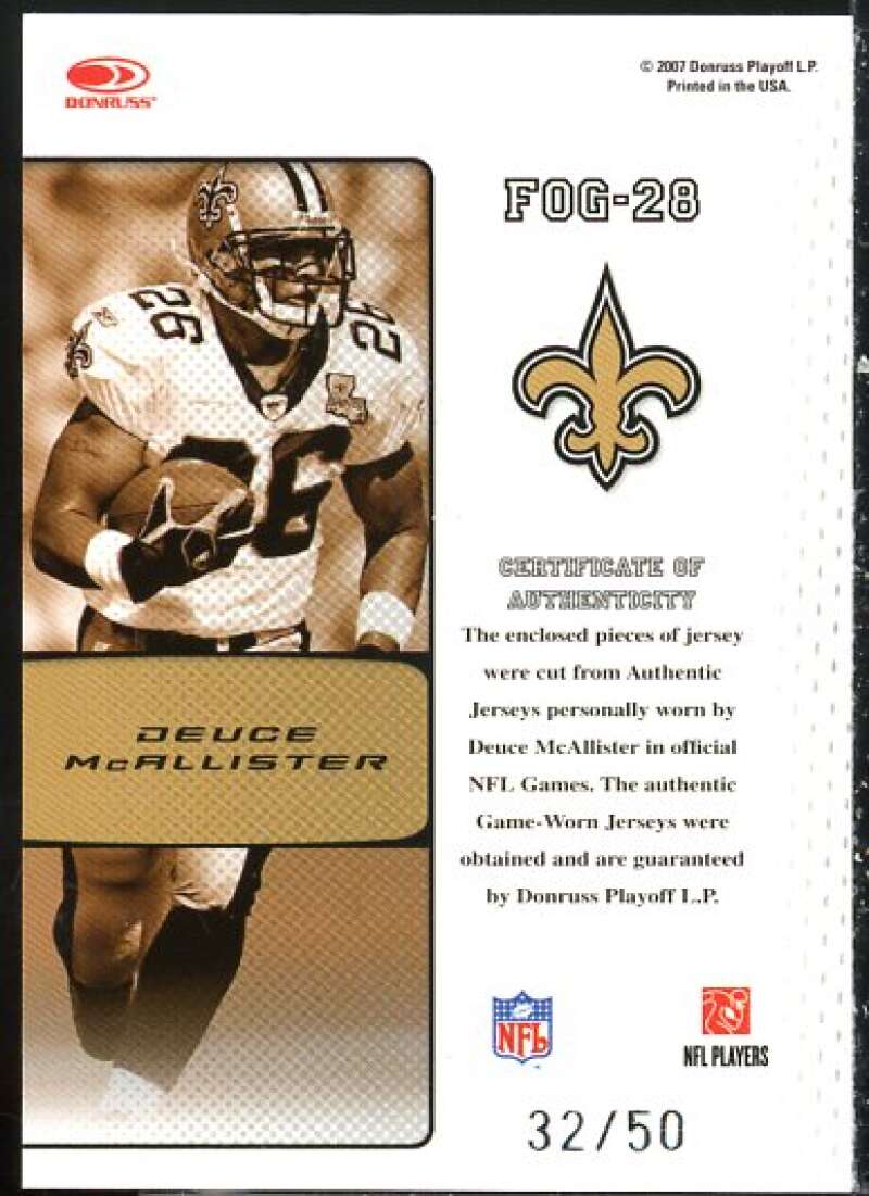 Deuce McAllister 2007 Leaf Certified Materials Fabric of the Game Position #28  Image 2