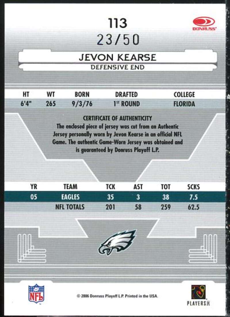 Jevon Kearse Card 2006 Leaf Certified Materials Mirror Blue Materials #113  Image 2