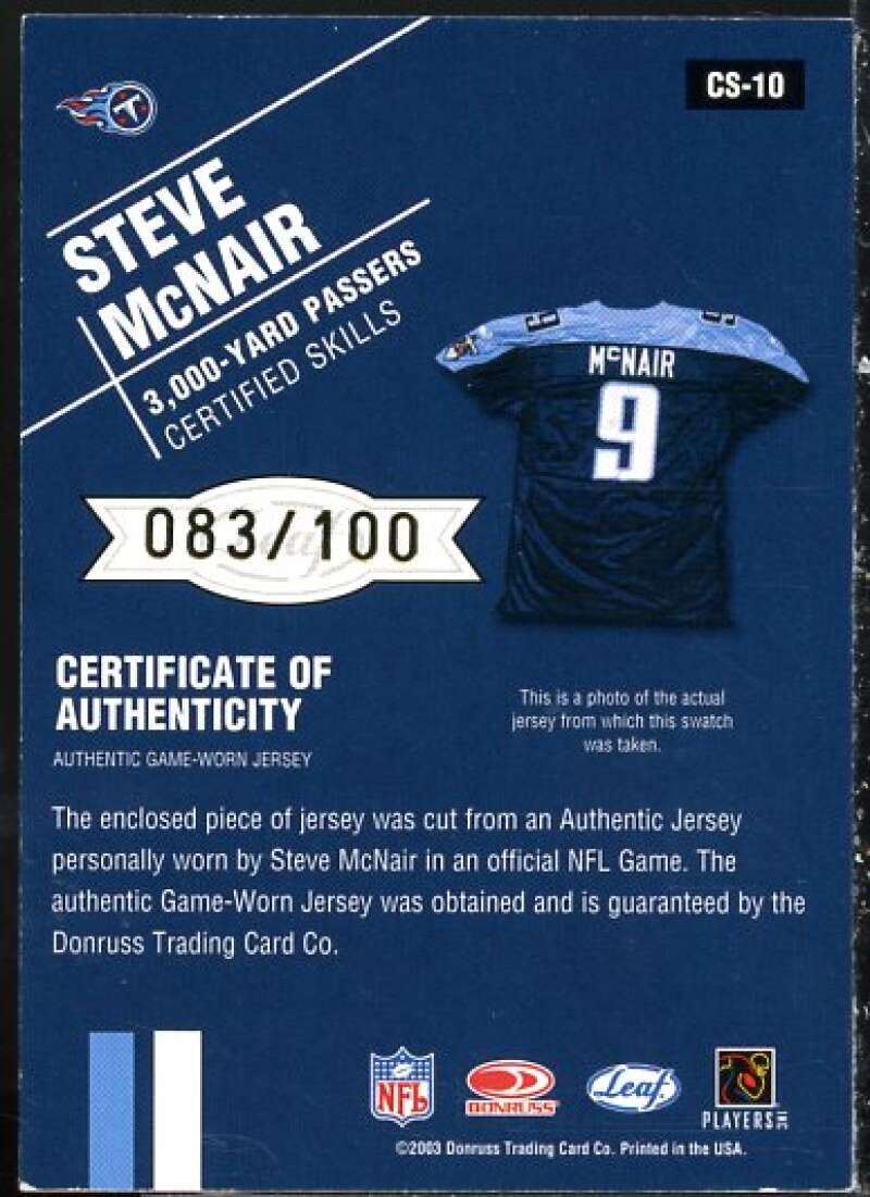 Steve McNair Card 2003 Leaf Certified Materials Skills #CS10  Image 2