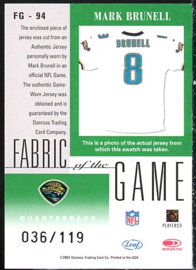 Mark Brunell W Card 2001 Leaf Certified Materials Fabric of the Game #94CR  Image 2