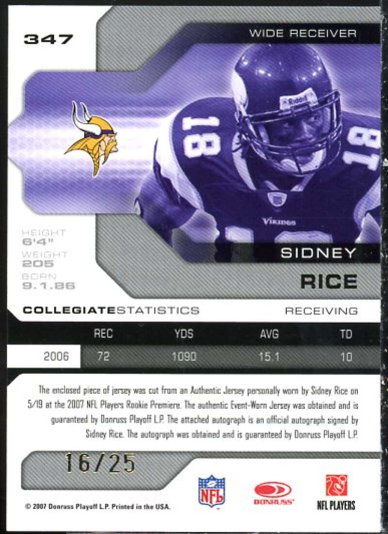 Sidney Rice JSY AU Rookie Card 2007 Leaf Limited Gold Spotlight #347  Image 2