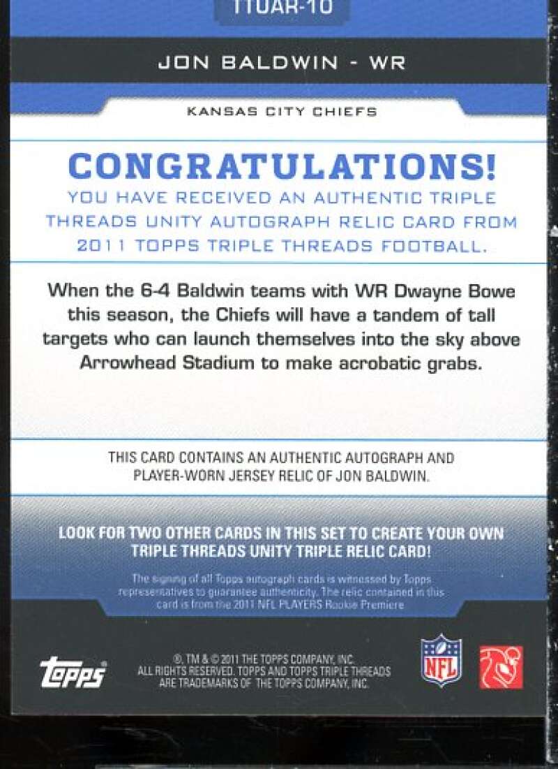 Jon Baldwin Card 2011 Topps Triple Threads Autographed Unity Relics #TTUAR10  Image 2