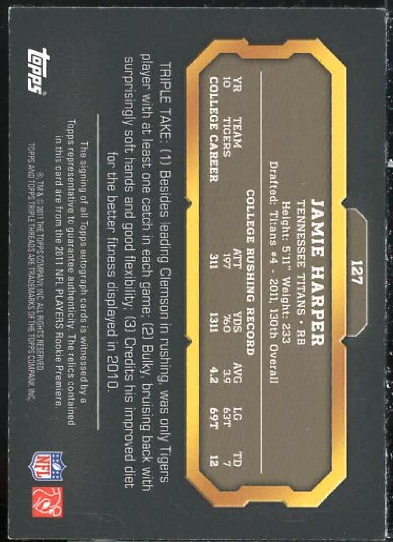 Jamie Harper JSY AU Card 2011 Topps Triple Threads Sepia #127A  Image 2