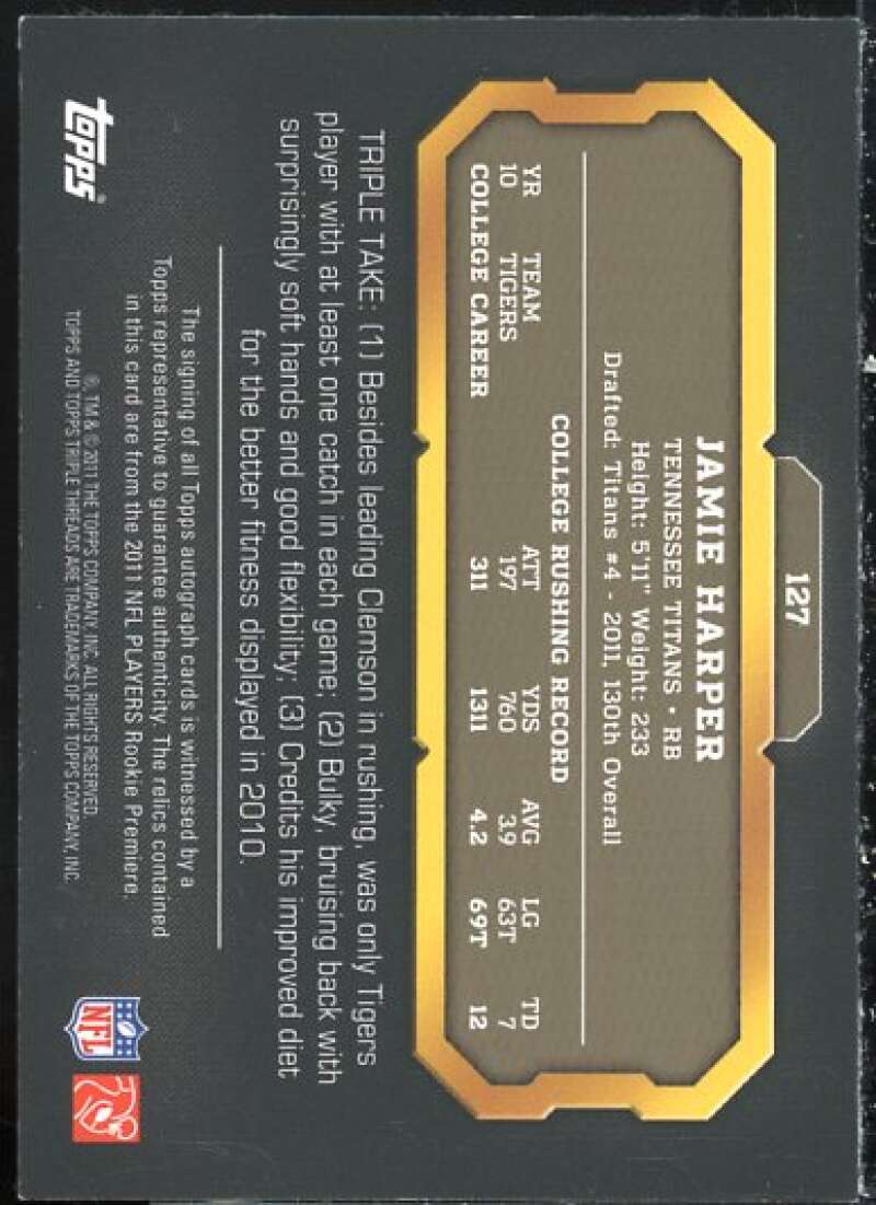 Jamie Harper JSY AU Card 2011 Topps Triple Threads Sepia #127B  Image 2