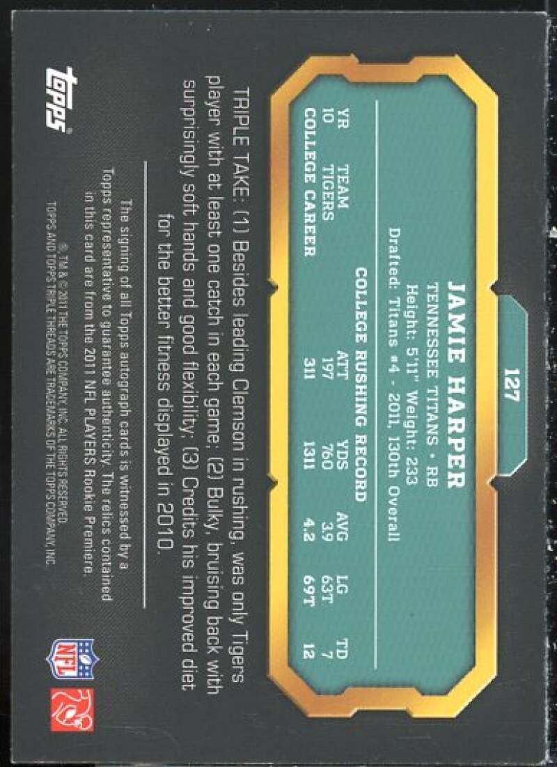 Jamie Harper JSY AU Card 2011 Topps Triple Threads Emerald #127B  Image 2