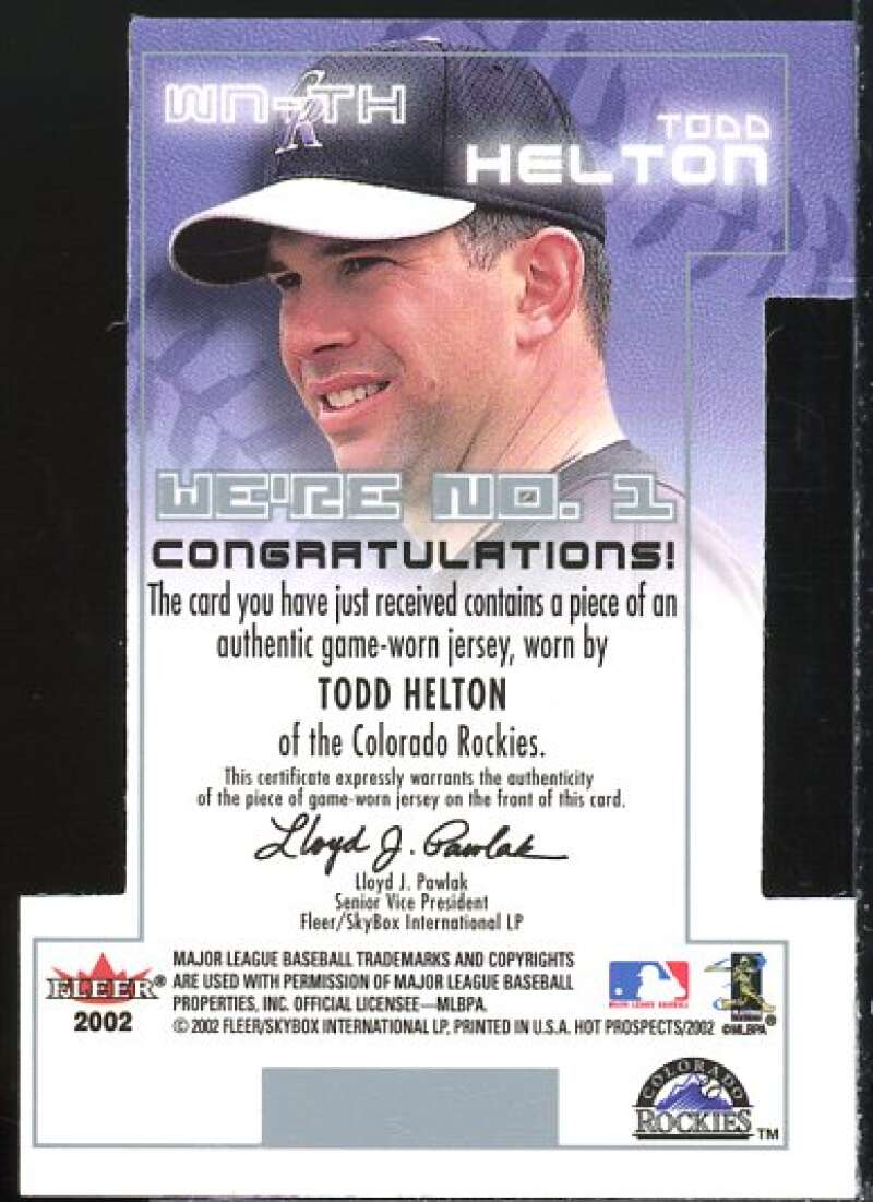 Todd Helton Jsy Card 2002 Hot Prospects We're Number One Memorabilia #TH  Image 2