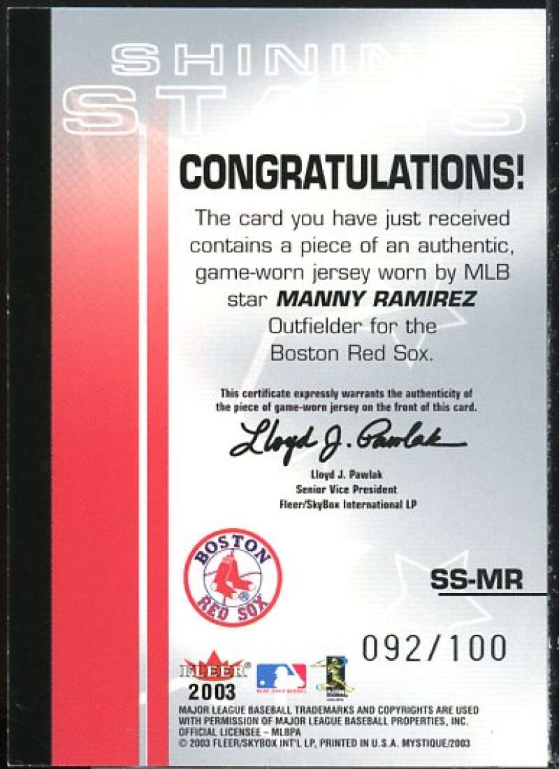 Manny Ramirez Card 2003 Fleer Mystique Shining Stars Jersey #MR  Image 2