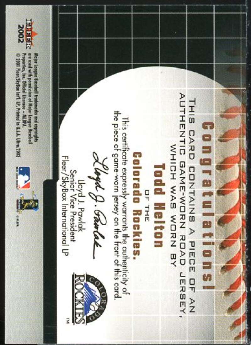 2002 Todd Helton Game Worn Colorado Rockies Jersey.  Baseball