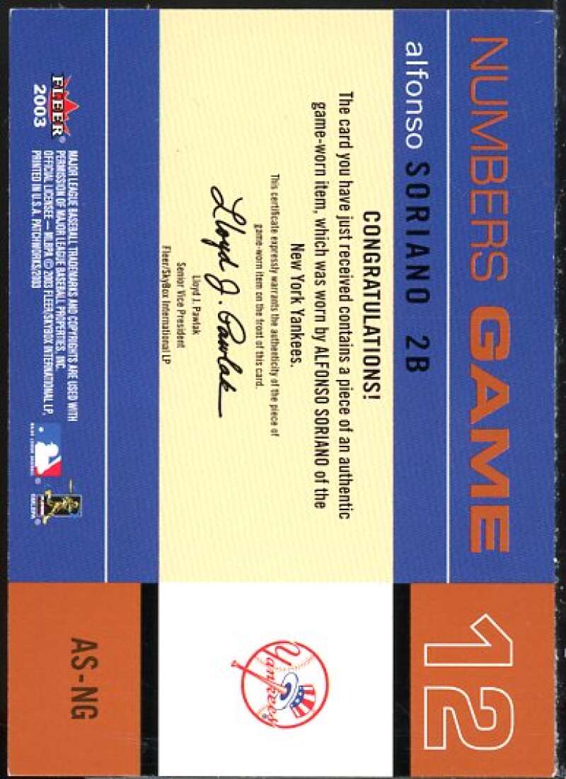 Alfonso Soriano Card 2003 Fleer Patchworks Numbers Game Jersey #AS  Image 2