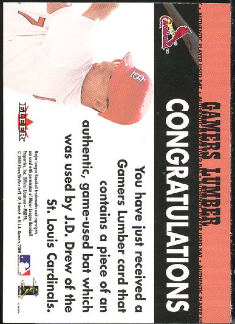 J.D. Drew Card 2000 Fleer Gamers Lumber #15  Image 2