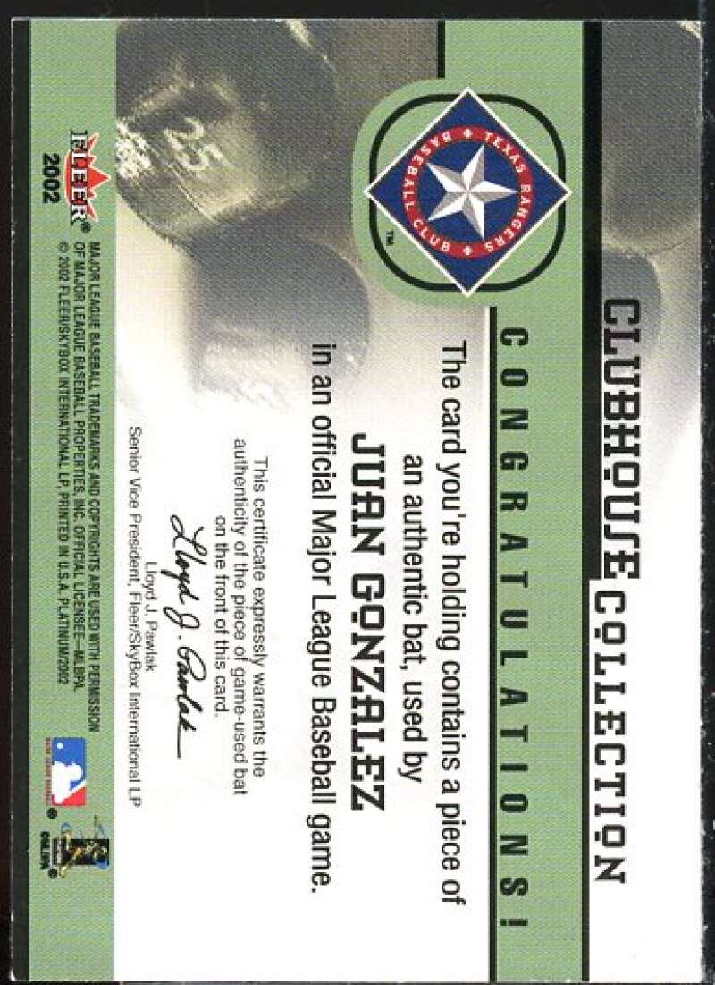 Juan Gonzalez Bat Card 2002 Fleer Platinum Clubhouse Memorabilia #14  Image 2