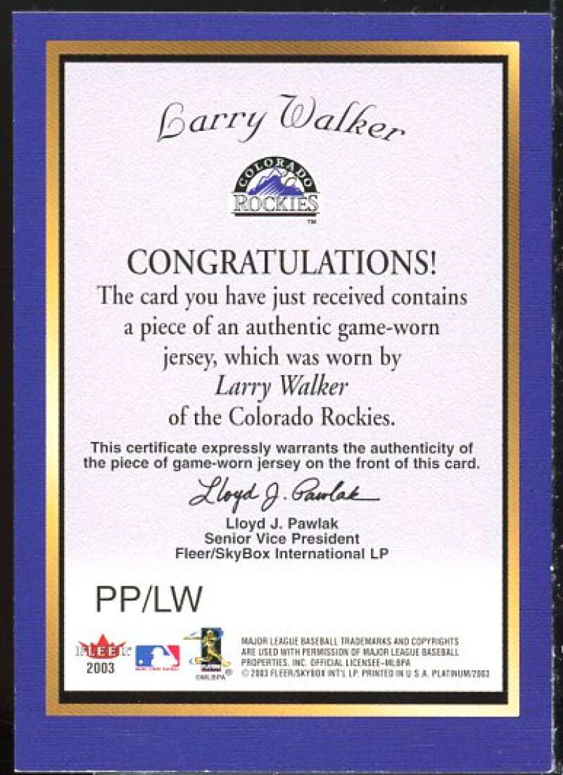 Larry Walker Card 2003 Fleer Platinum Portraits Game Jersey #PPLW  Image 2