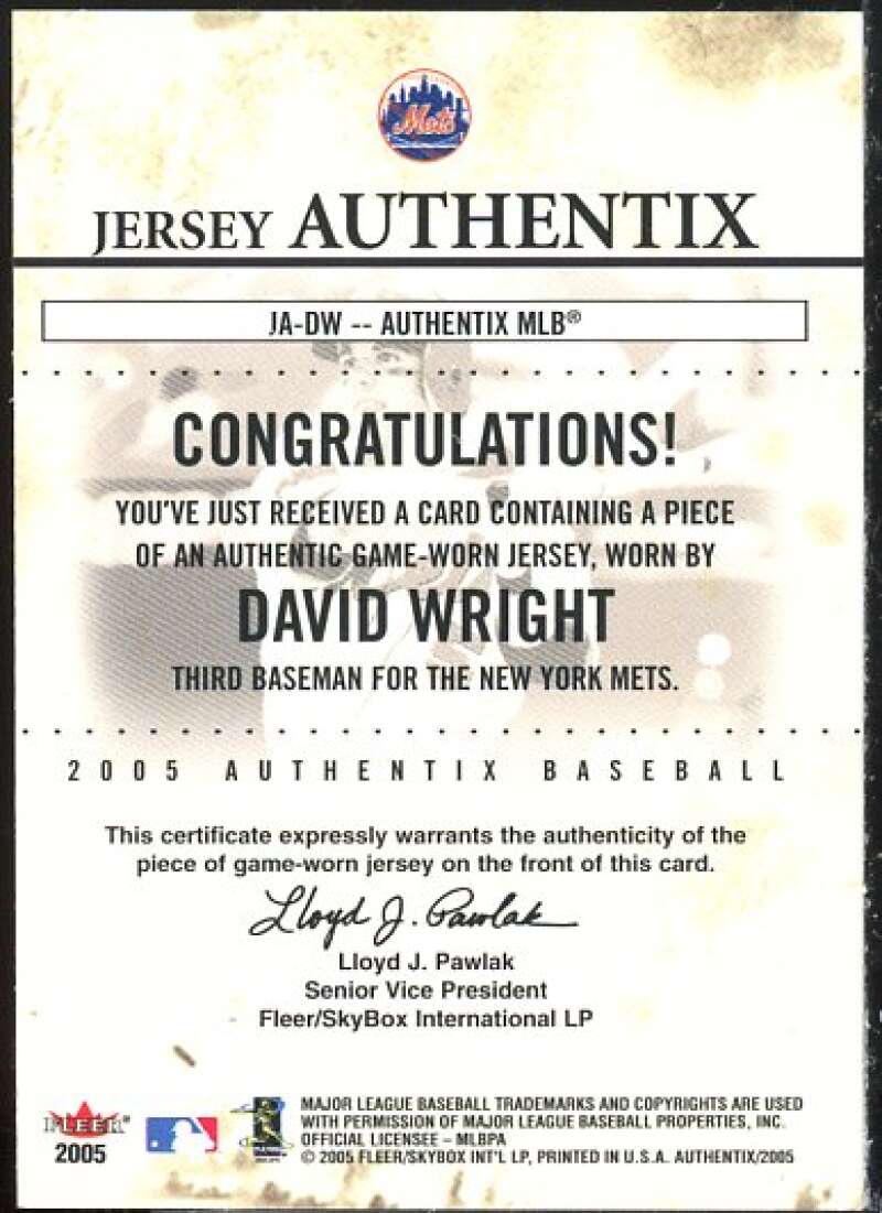 David Wright Card 2005 Fleer Authentix Jersey General Admission #DW  Image 2
