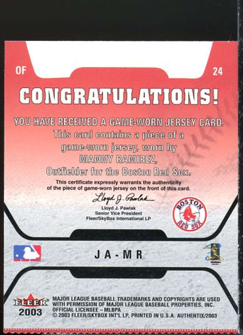 Manny Ramirez Card 2003 Fleer Authentix Game Jersey #MR –