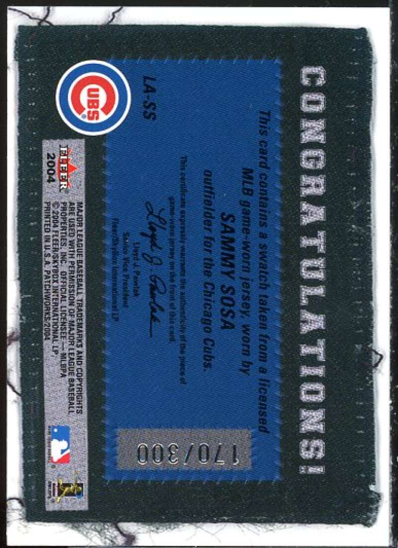 Sammy Sosa Card 2004 Fleer Patchworks Licensed Apparel #SS  Image 2