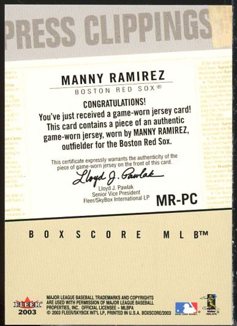 Manny Ramirez Card 2003 Fleer Box Score Press Clippings Game Jersey #MR  Image 2
