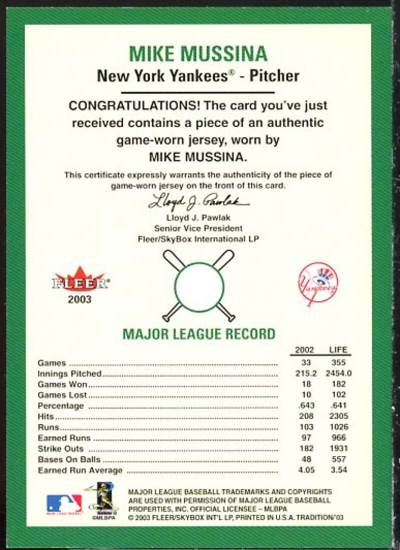 Mike Mussina Jsy Card 2003 Fleer Tradition Game Used #327  Image 2