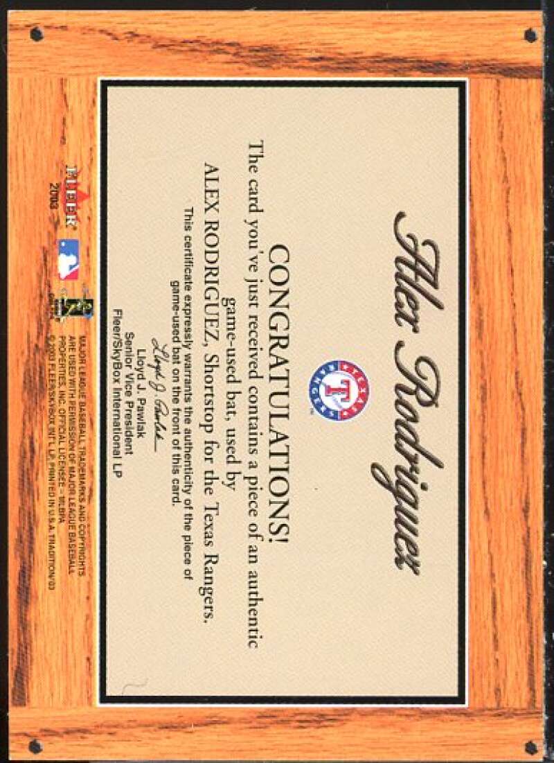 Alex Rodriguez Card 2003 Fleer Tradition Lumber Company Game Used #RA  Image 2