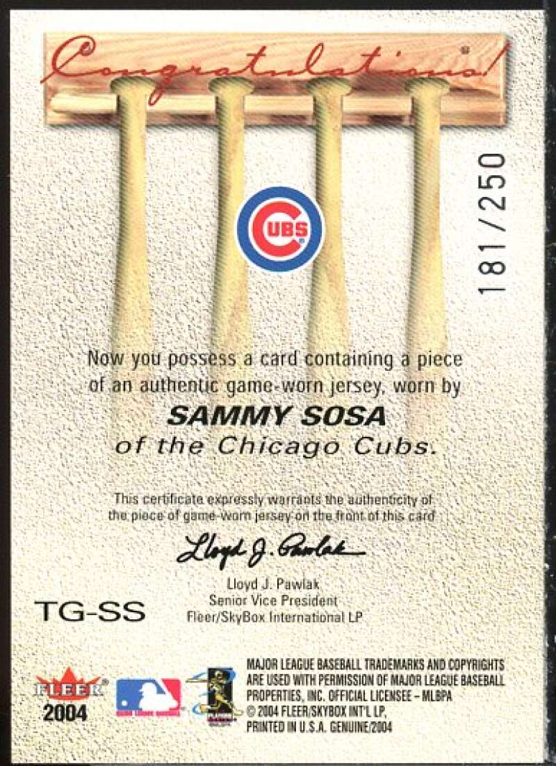 Sammy Sosa Card 2004 Fleer Genuine Insider Tools of the Game Jersey #SS  Image 2