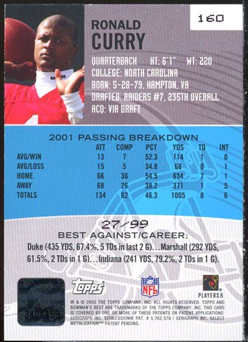 Ronald Curry AU Rookie Card 2002 Bowman's Best Gold #160  Image 2