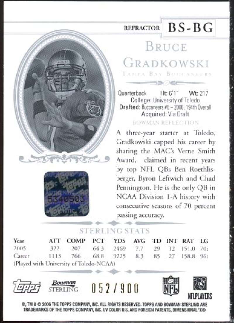 Bruce Gradkowski Rookie Card 2006 Bowman Sterling Gold Rookie Autographs #BG  Image 2