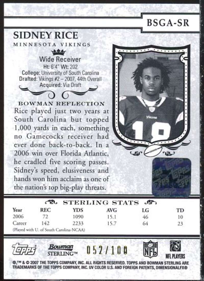 Sidney Rice Rookie Card 2007 Bowman Sterling Gold Rookie Autographs #SR  Image 2