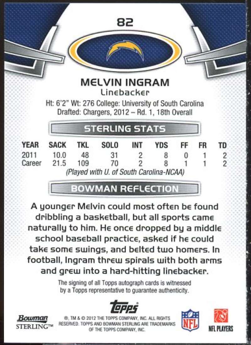 Melvin Ingram RC AU Rookie Card 2012 Bowman Sterling #82  Image 2