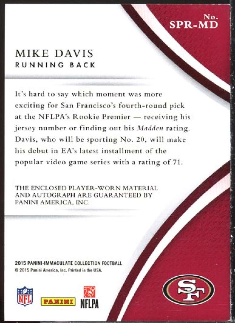 Mike Davis JSY AU Rookie Card 2015 Immaculate Collection Gold #131  Image 2