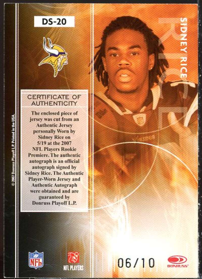 Sidney Rice 2007 Leaf Rookies and Stars Dress for Success Jersey Autographs #20  Image 2